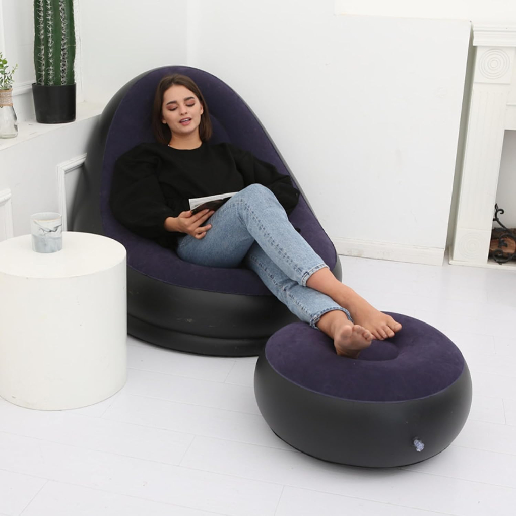 Canapé Gonflable Avec Repose-Pied – Pliable et Portable En Mauve Foncé Avec Pompe