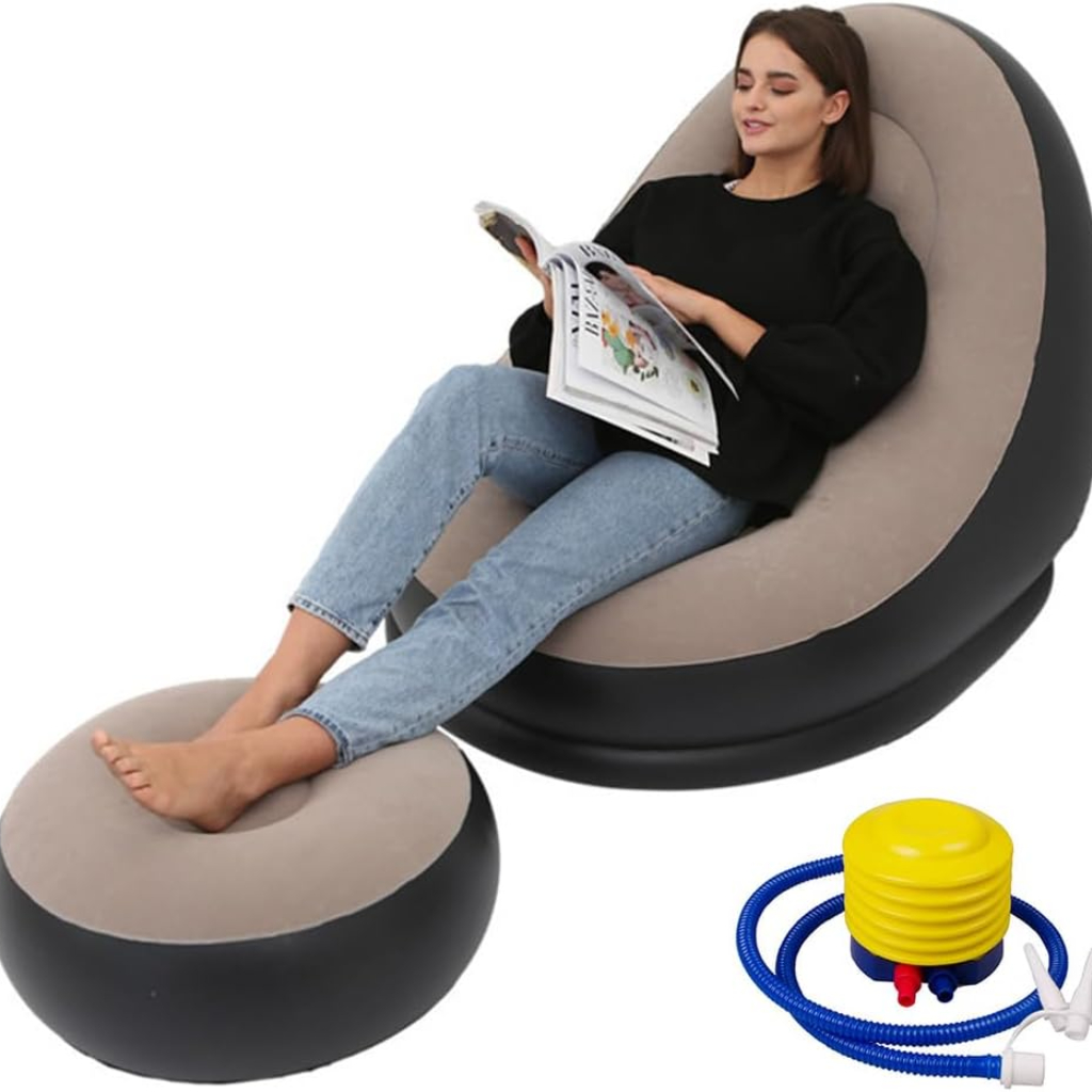 Canapé Gonflable Avec Repose-Pied – Pliable et Portable En Beige  Avec Pompe