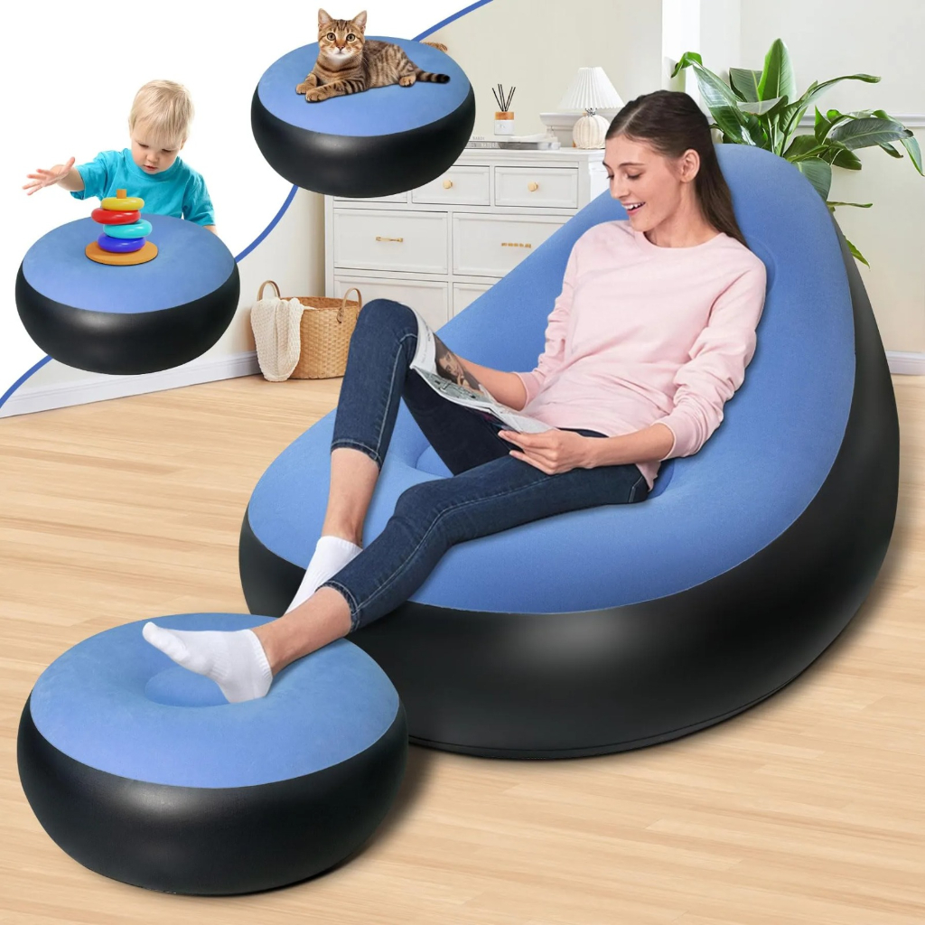 Canapé Gonflable Avec Repose-Pied – Pliable et Portable En Bleu  Avec Pompe