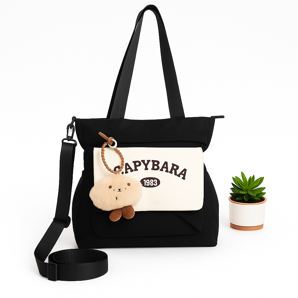 Sac à Main Motif Capybara – Style Coréen Kawaii Avec Porte-Clé Peluche Noir