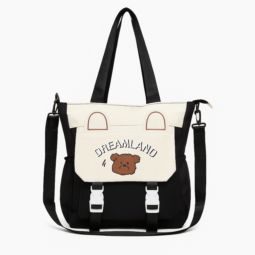 Sac à Main DREAMLANDI – Motif Ours Brodé Noir