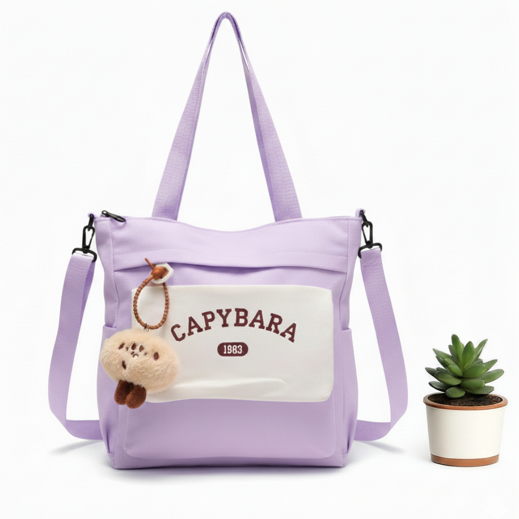 Sac à Main Motif Capybara – Style Coréen Kawaii avec Porte-Clé Peluche Violet