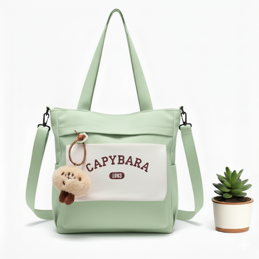 Sac à Main Motif Capybara – Style Coréen Kawaii avec Porte-Clé Peluche Vert