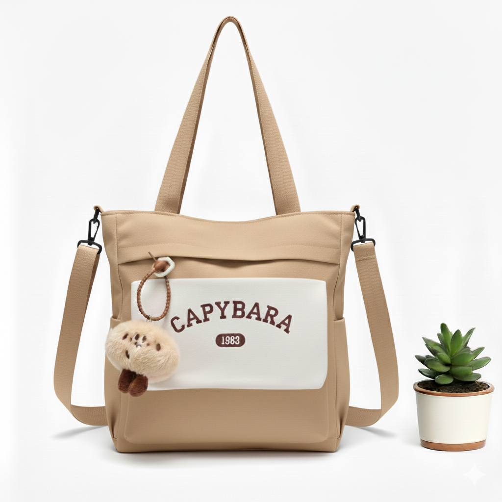 Sac à Main Motif Capybara – Style Coréen Kawaii avec Porte-Clé Peluche Marron