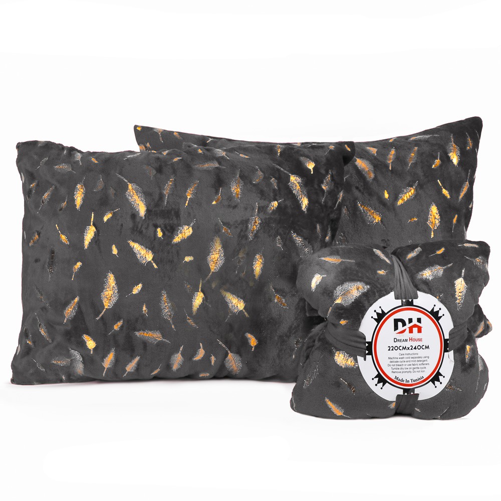 Plaid 2 places en Velours avec 2 coussins 220 X 240 Cm-Gris charbon