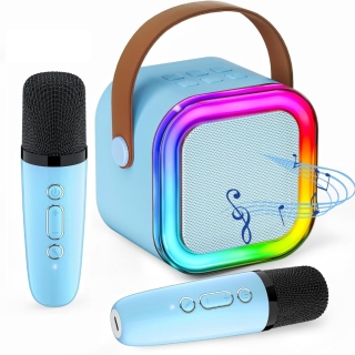 Haut-Parleur Karaoké Portable – Bluetooth, Rechargeable, Avec 2 Micros Sans Fil & Lumières LED Colorées- Bleu