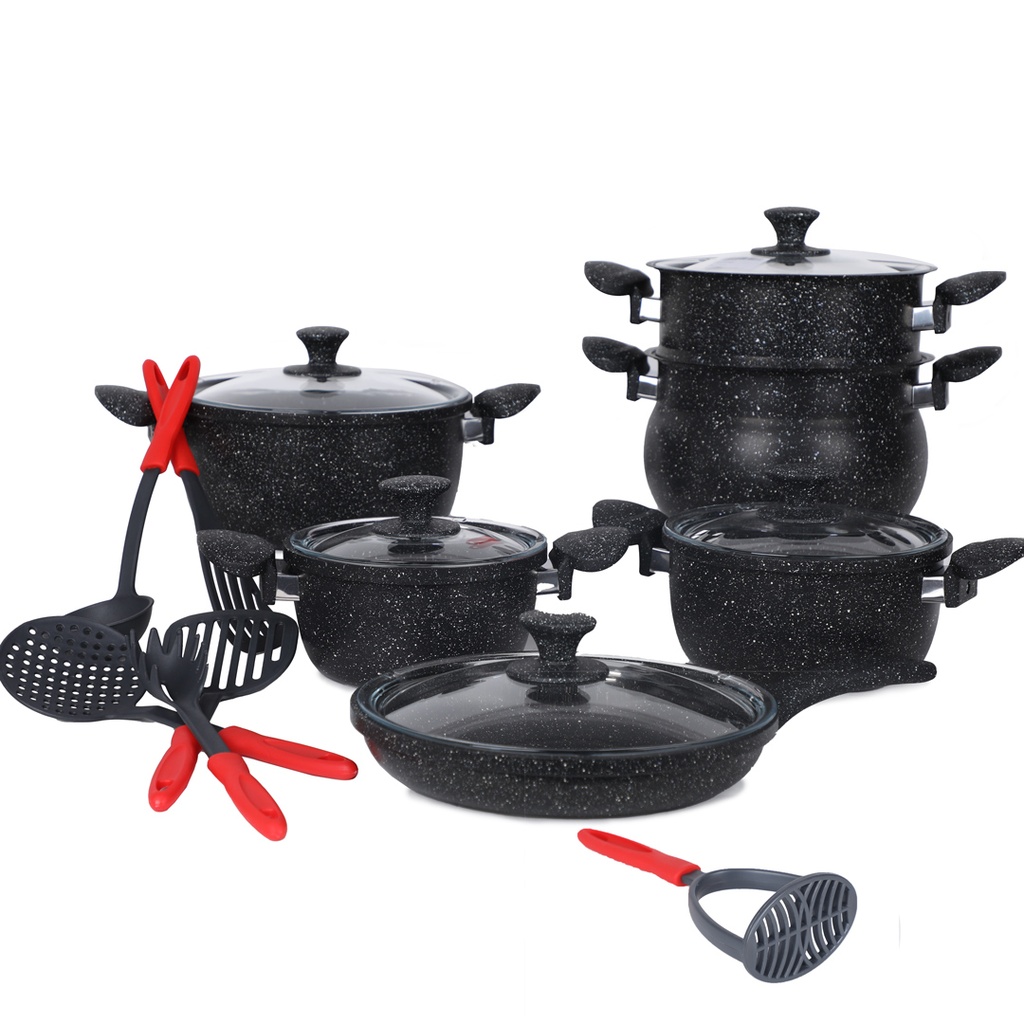 Hascevher Batterie de cuisine Granite 17 pièces -Noir