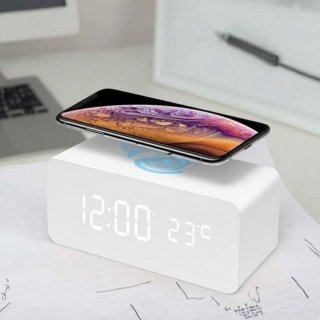 Réveil Numérique LED  Avec Chargeur Sans Fil Intégré , Affichage Température, 3 Alarmes et Contrôle Vocal - Blanc