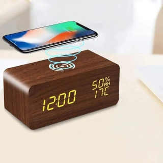 Réveil Numérique LED  Avec Chargeur Sans Fil , Affichage Température, 3 Alarmes et Contrôle Vocal - Marron