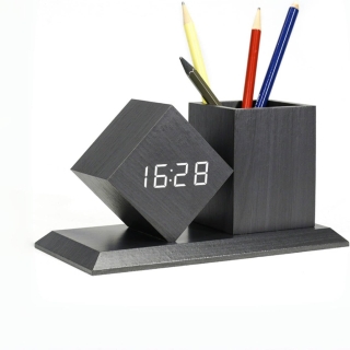 Horloge Réveil Numérique En Bois Avec Porte-Stylo – Contrôle Vocal, LED, 3 Alarmes, Double Alimentation - Noir