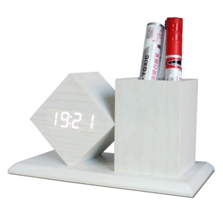 Horloge Réveil Numérique En Bois Avec Porte-Stylo – Contrôle Vocal, LED, 3 Alarmes, Double Alimentation - Blanc