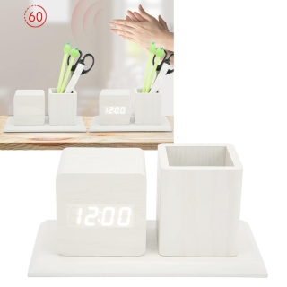 Horloge Réveil Numérique Blanc En Bois Avec Porte-Stylo – Contrôle Vocal, LED, 3 Alarmes, Double Alimentation