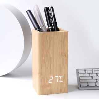 Horloge Réveil Numérique LED 2 en 1 – Multifonction avec Porte-Stylo, Contrôle Vocal, 3 Alarmes, Double Alimentation & Affichage de la Température - Beige