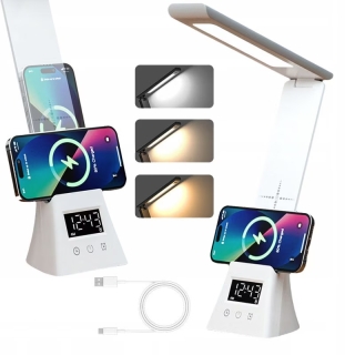 Lampe de Bureau LED Multifonction avec Chargeur Sans Fil, Réveil et Réglage Tactile — Rotation à 180°, Lumière Variable USB Blanc