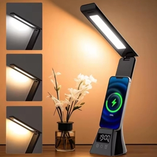 Lampe de Bureau LED Multifonction avec Chargeur Sans Fil, Réveil et Réglage Tactile — Rotation à 180°, Lumière Variable USB
