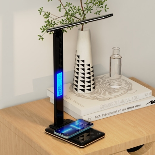Lampe De Bureau LED 3-en-1 avec Réveil, Température et Charge Sans Fil – Éclairage Tactile Pliable et Protecteur Pour les Yeux En Noir 