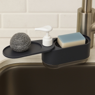 Distributeur Multi-Fonctions De Savon Liquide 3-En-1 Noir – Pour Mains et Vaisselle Avec Porte-Éponge Intégré