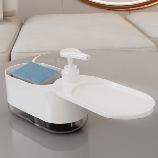 Distributeur Multi-Fonctions De Savon Liquide 3-En-1 – Pour Mains et Vaisselle Avec Porte-Éponge Intégré Blanc