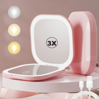 Miroir Cosmétique De Poche En Rose à LED  – Double Face, Pliable et Grossissant 