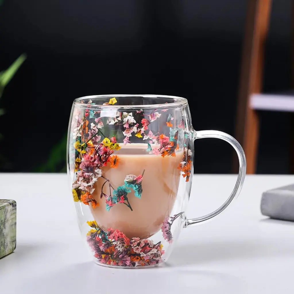 Tasse en Verre à Double Paroi 350 ml – Design Floral 