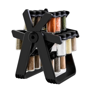  Porte-Épices Rotatif 360° - 19 Pièces – Support Noir Avec 18 Bocaux
