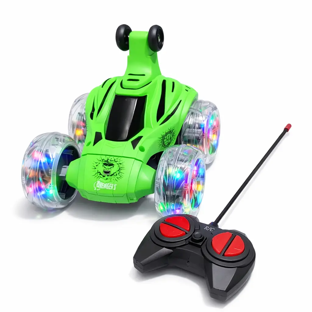 Voiture Télécommandée Stunt Car 360° – Double Face, LED, Rechargeable – 6 Ans – Vert