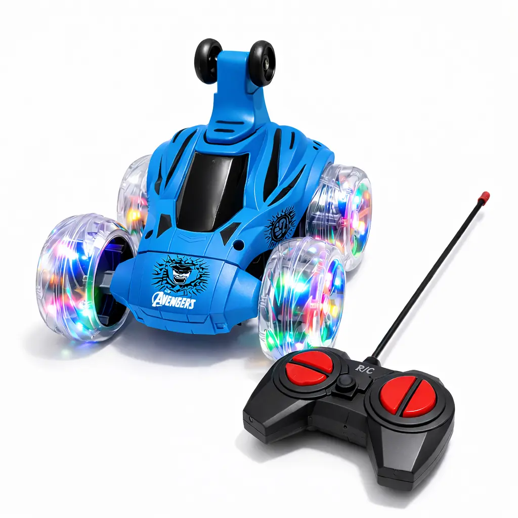 Voiture Télécommandée Stunt Car 360° – Double Face, LED, Rechargeable – 6 Ans – Bleu