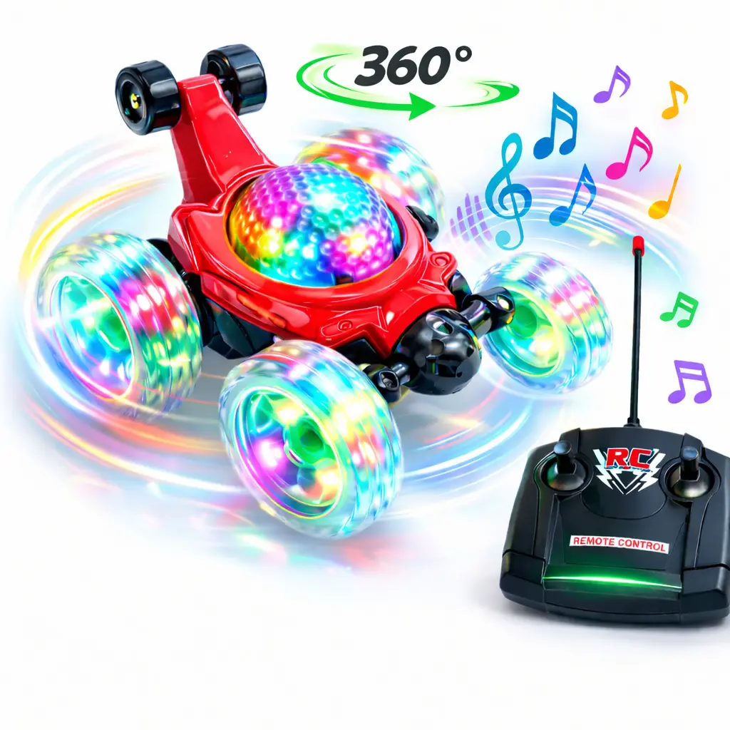 Voiture Télécommandée RC Stunt Car Tornado – 360° Double Face avec LED et Musique - Rouge