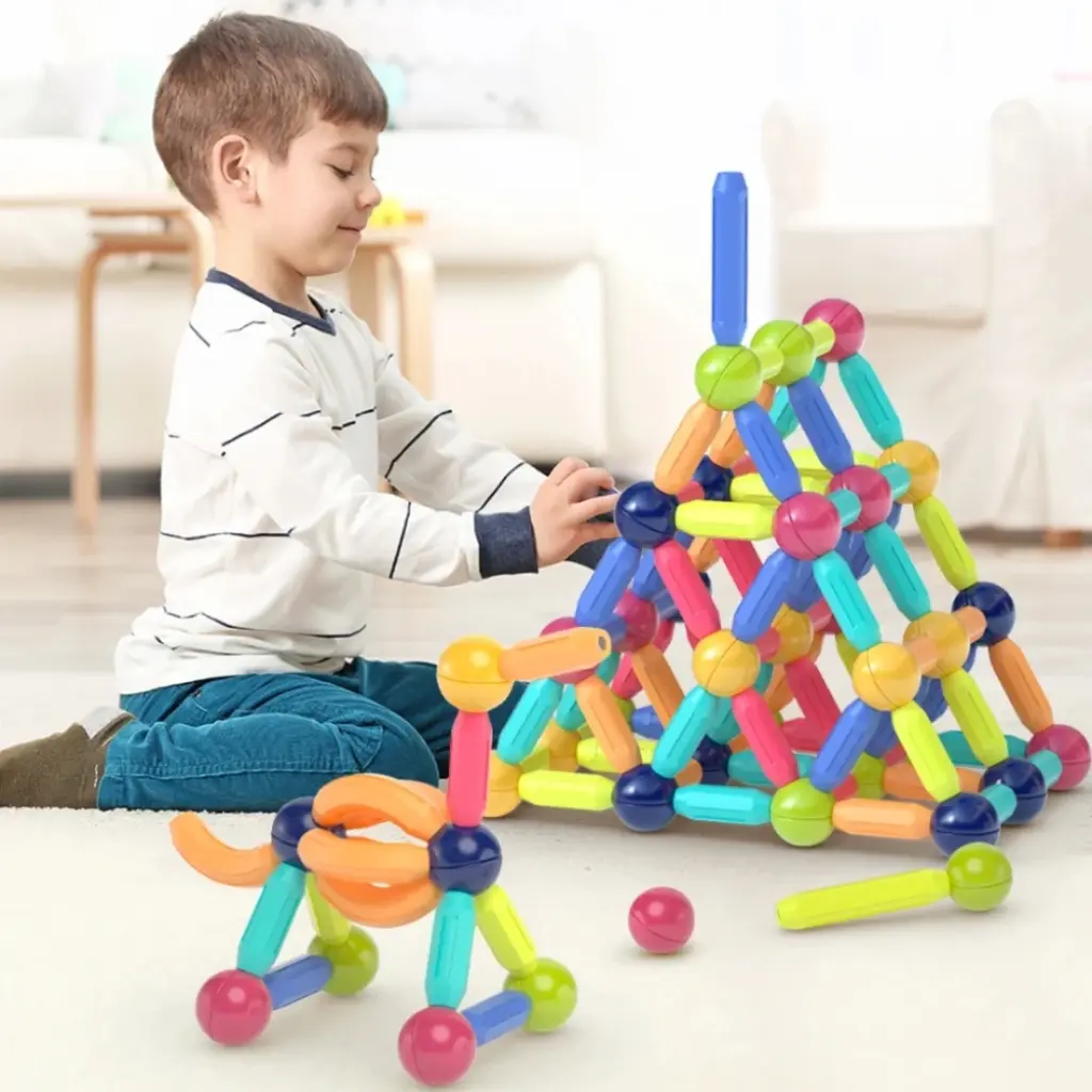 Jeu de Construction Magnétique STEM 62 Pièces – Magnetic Sticks pour Enfants 3+