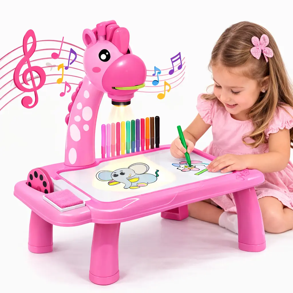 Projecteur de Dessin Pour Enfants – Table Effaçable et Musicale avec 12 Feutres - Rose