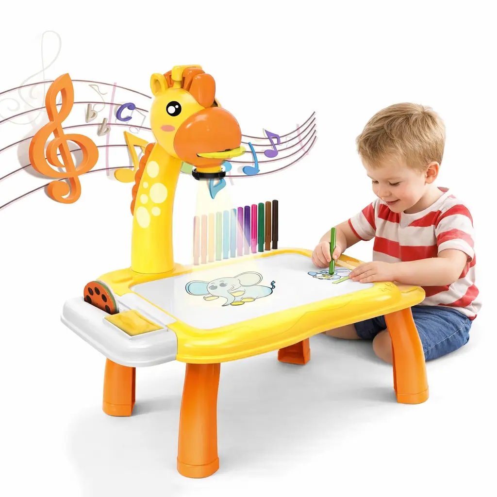 Projecteur de Dessin Pour Enfants – Table Effaçable et Musicale avec 12 Feutres - Jaune