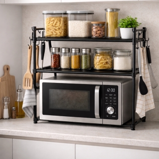 Étagère de Rangement à Deux Niveaux pour Micro-ondes – Plastique Noir