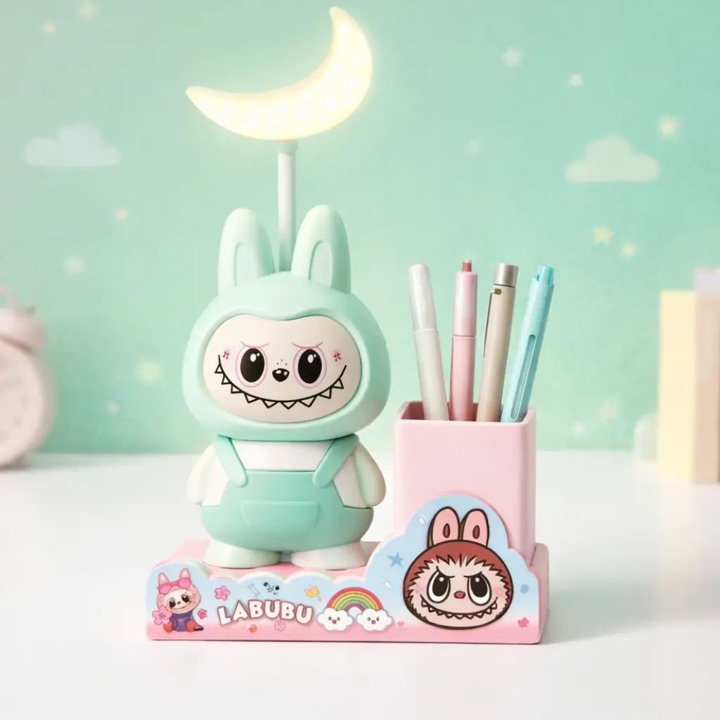 Lampe de Bureau Enfant Motif Labubu avec Porte-Stylo – Rechargeable – 2 Niveaux de Lumière - Vert