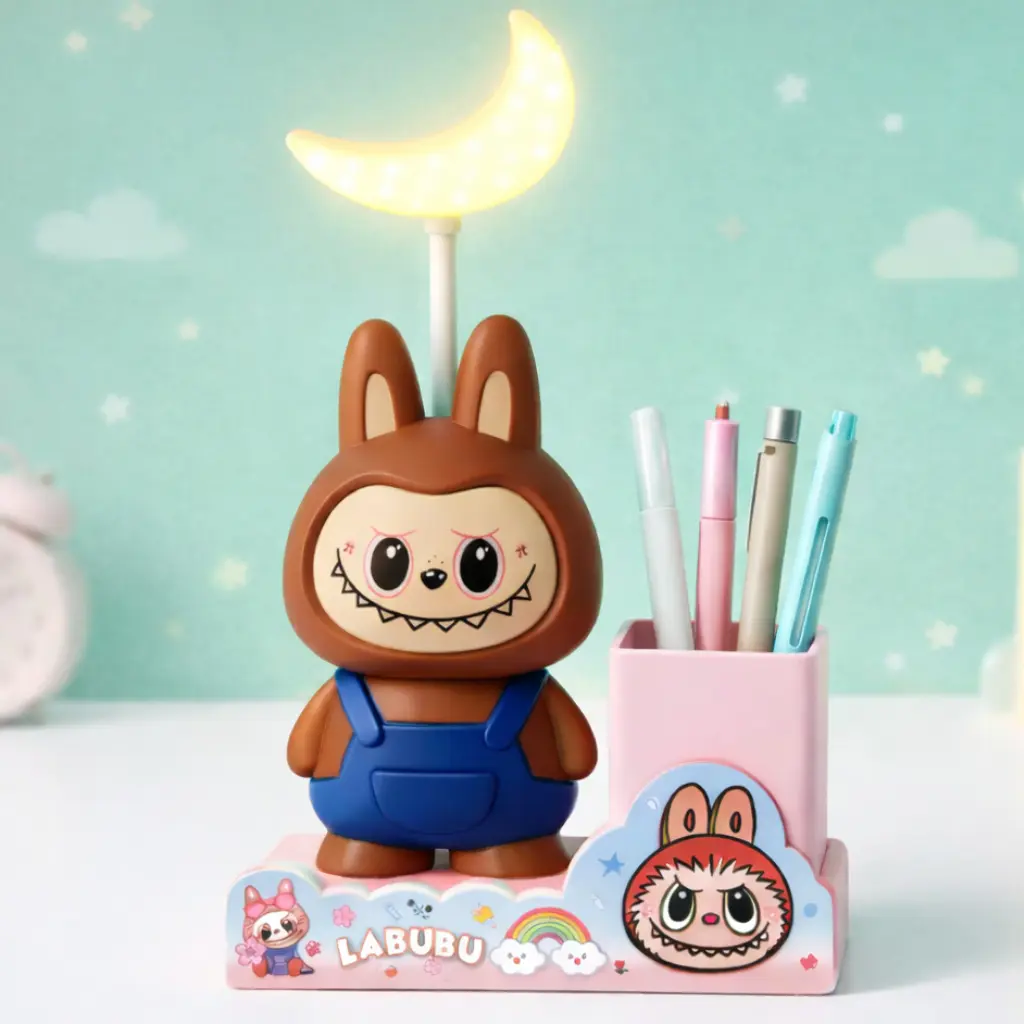 Lampe de Bureau Enfant Motif Labubu avec Porte-Stylo – Rechargeable – 2 Niveaux de Lumière - Marron