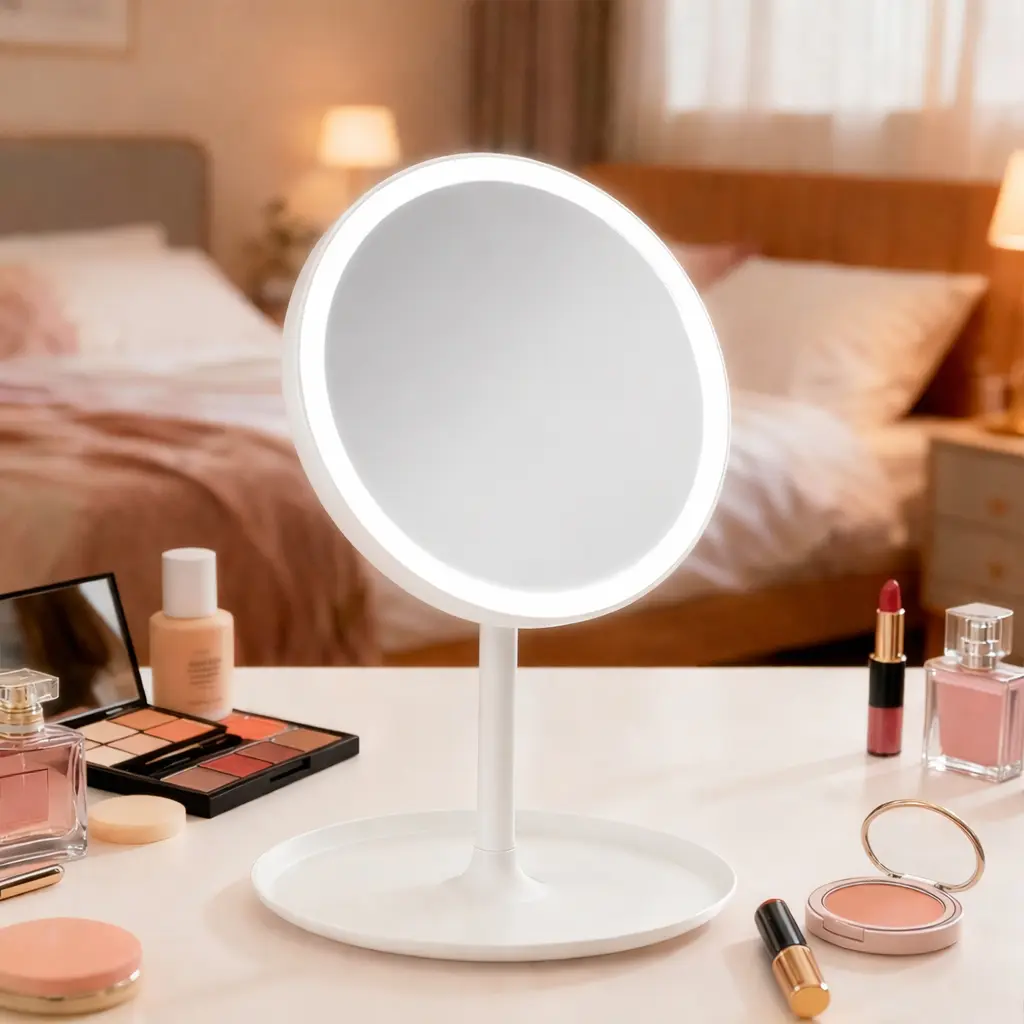 Miroir de Maquillage LED avec Rangement – Éclairage Réglable et Rotation 90°- Blanc