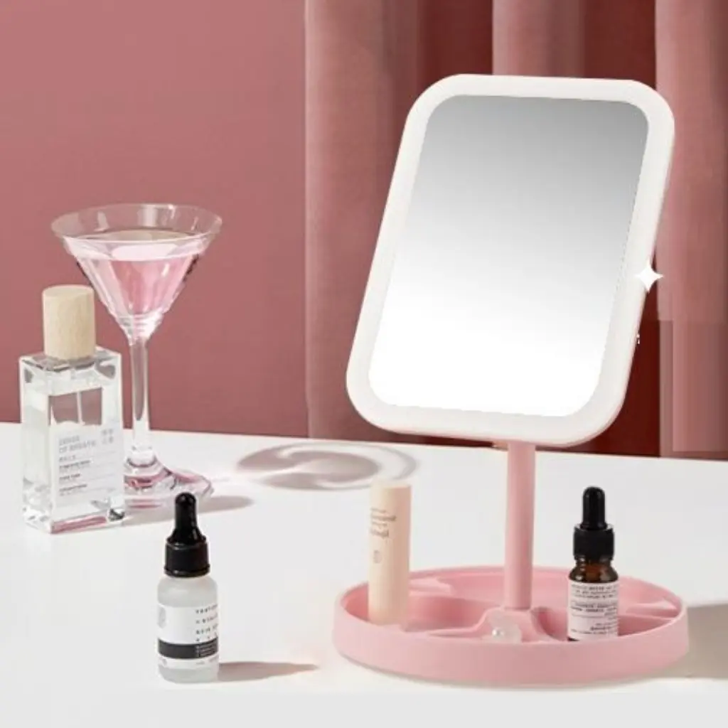 Miroir de Maquillage LED Rectangulaire Avec Rangement – Éclairage Réglable et Rotation 90°- Rose