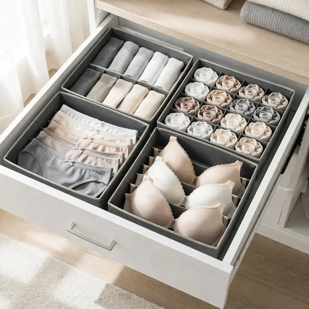 Set de 4 Boîtes de Rangement Pliables – Organisateur Tiroir Vêtements & Lingerie