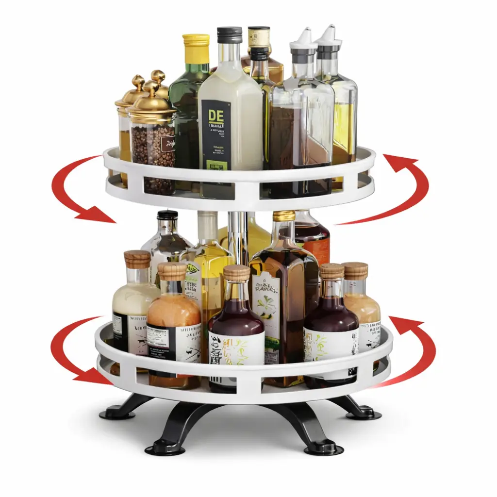 Étagère Rotative 2 Niveaux 360° – Organisateur Cuisine en Acier Inoxydable - Blanc