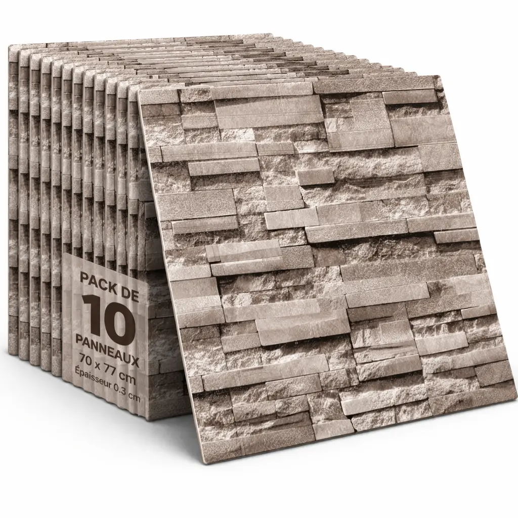 Pack de 10 Panneaux Muraux 3D Autocollants Effet Pierre – Anti-Humidité 70 × 77 cm