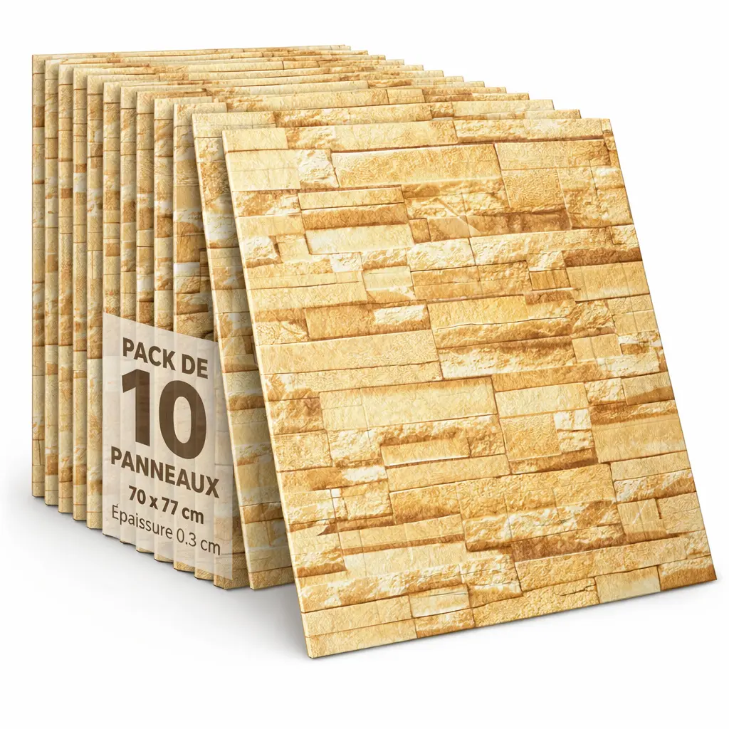 Pack de 10 Panneaux Muraux 3D Autocollants Effet Pierre Beige 70 × 77 cm – Anti-Humidité