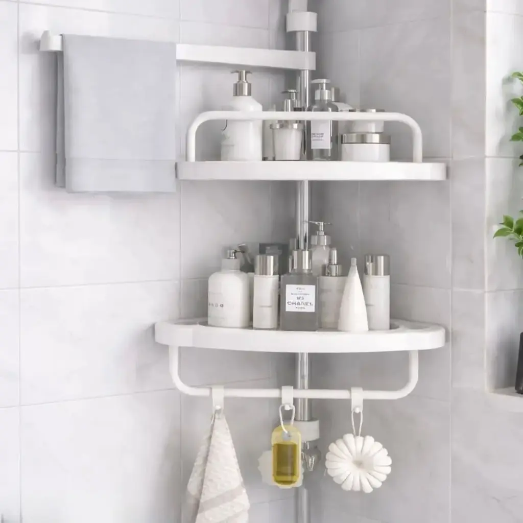 Étagère D'angle Pour Salle de Bain Autocollante - 2 Niveaux Avec Crochets