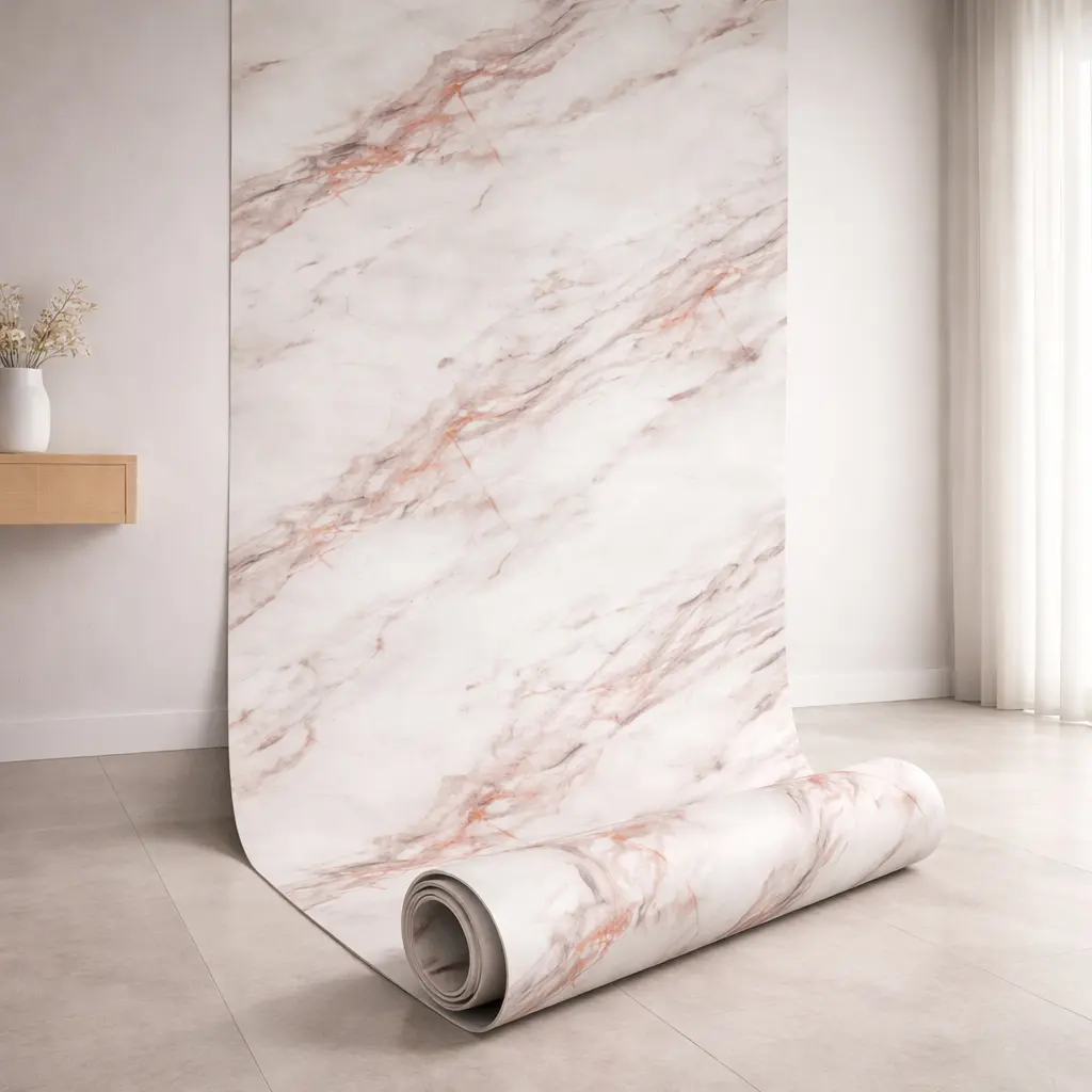 Rouleau Panneau Mural Autocollant Blanc Effet Marbre  Avec Des Veines Rosées 60 cm x 2,80 m 