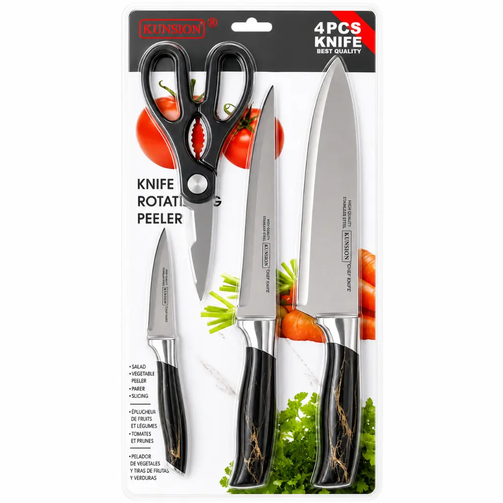 KUNISON Set de Couteaux 4 Pièces avec Ciseaux – Finition Noir Marbre - Acier Inoxydable