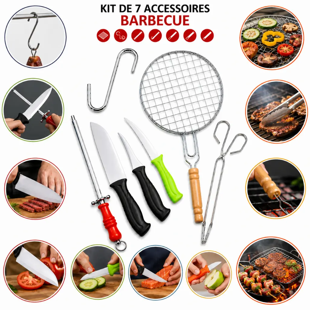 Kit Barbecue en Acier Inoxydable – Grille 22 cm + Couteaux + Pince + Aiguiseur