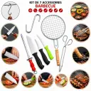 Kit Barbecue en Acier Inoxydable – Grille 22 cm + Couteaux + Pince + Aiguiseur