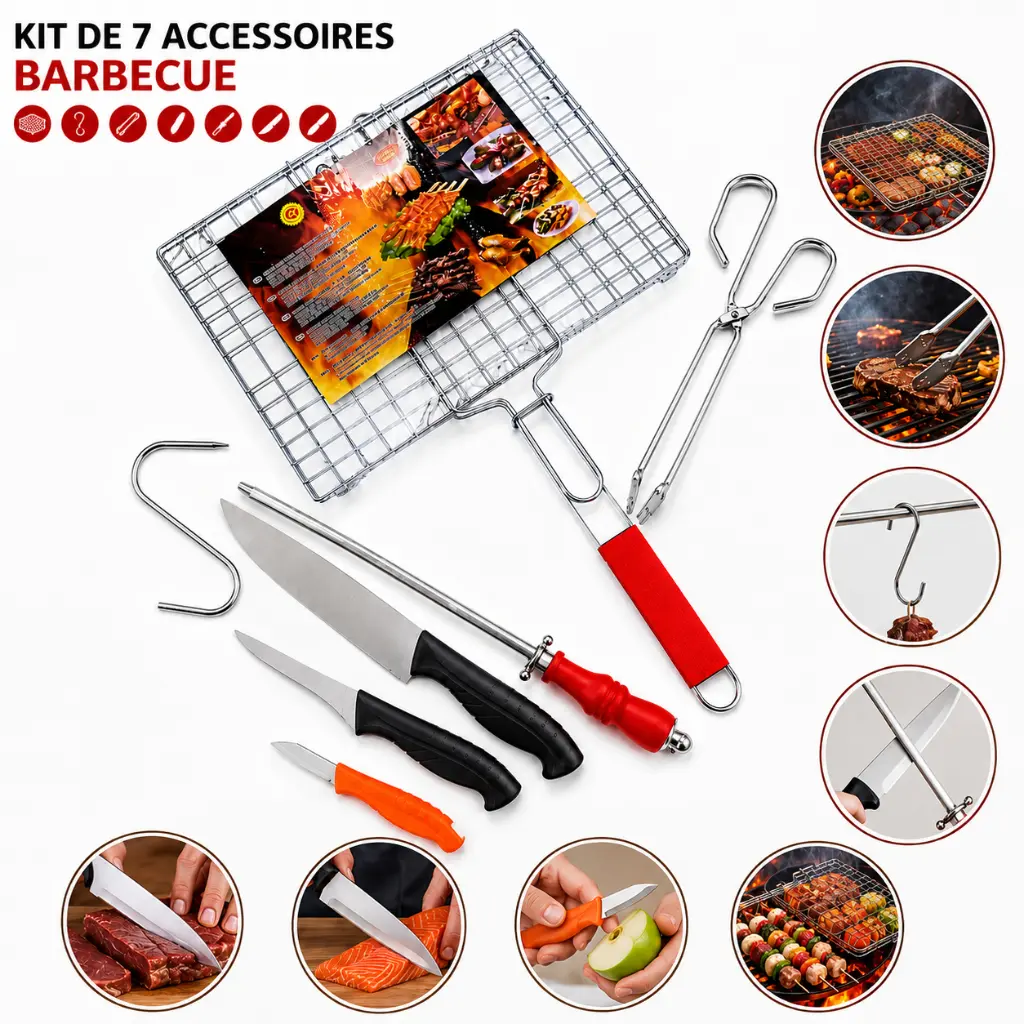 Kit Barbecue en Acier Inoxydable – Grille 35×25 cm + Couteaux + Pince + Aiguiseur