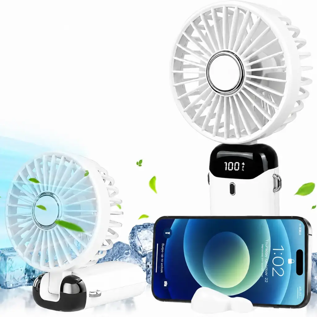 Mini Ventilateur Portable Rechargeable – 5 Vitesses – Pliable & Écran Digital LED - Blanc