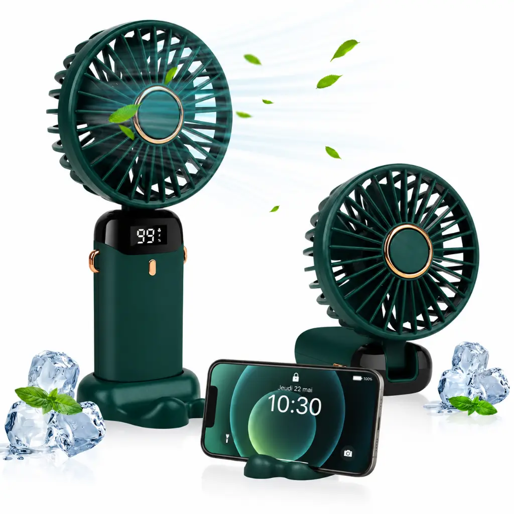 Mini Ventilateur Portable Rechargeable – 5 Vitesses – Pliable & Écran Digital LED - Vert