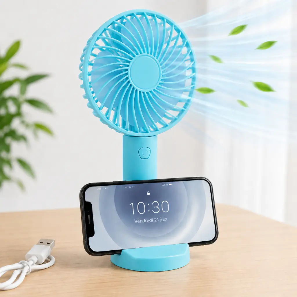 Mini Ventilateur Portable Rechargeable  – 3 Vitesses – Bleu
