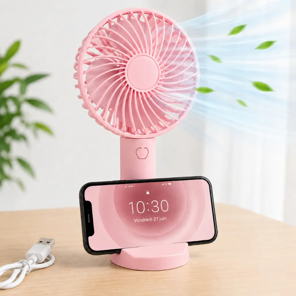 Mini Ventilateur Portable Rechargeable  – 3 Vitesses – Rose
